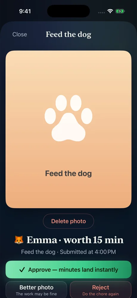 Approving a chore photo in Chore Lock: Emma's 'Feed the dog' photo with a big Approve button that says minutes land instantly.
