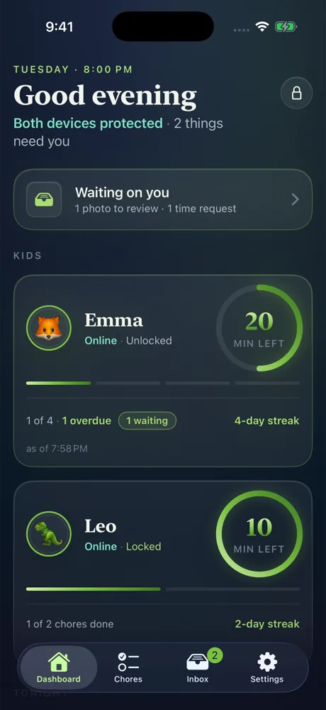 The parent dashboard in Chore Lock: Emma has 20 minutes left and is online and unlocked; Leo has 10 minutes left and is locked. A card at the top says one photo is waiting for review.