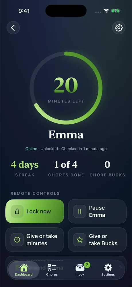 Emma's page in the parent app: a large ring showing 20 minutes left, a 4-day streak, 1 of 4 chores done, and remote controls including Lock now.