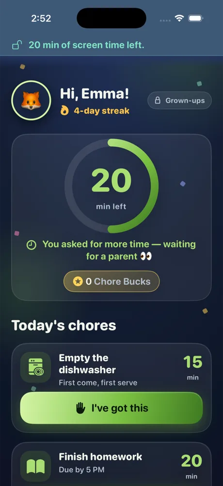 Kid mode in Chore Lock: 'Hi, Emma!' with a 4-day streak, a ring showing 20 minutes left, and today's chores with an 'I've got this' button.